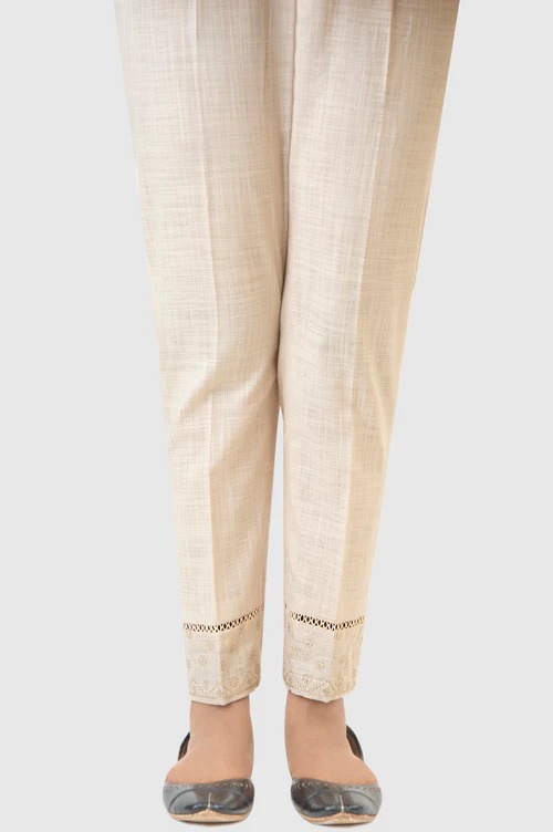 Embroidered Cotton Slub Cigeratte Pants - Beige
